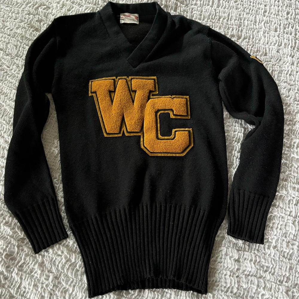 Vintage Coane Phila PA v-neck sweater black with W C letters